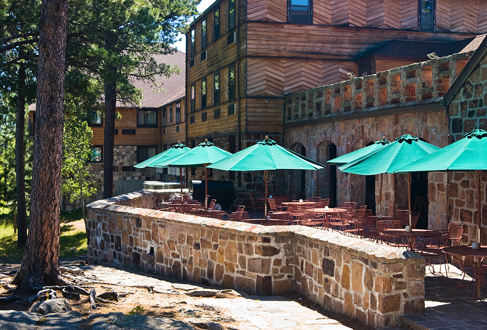 Patio with green umbrellas