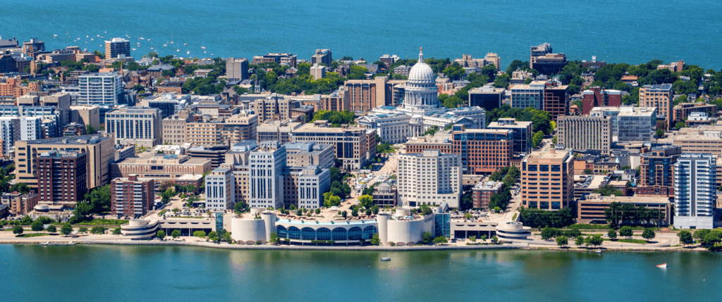 Aerial view of Madison, Wisconsin and the two lakes